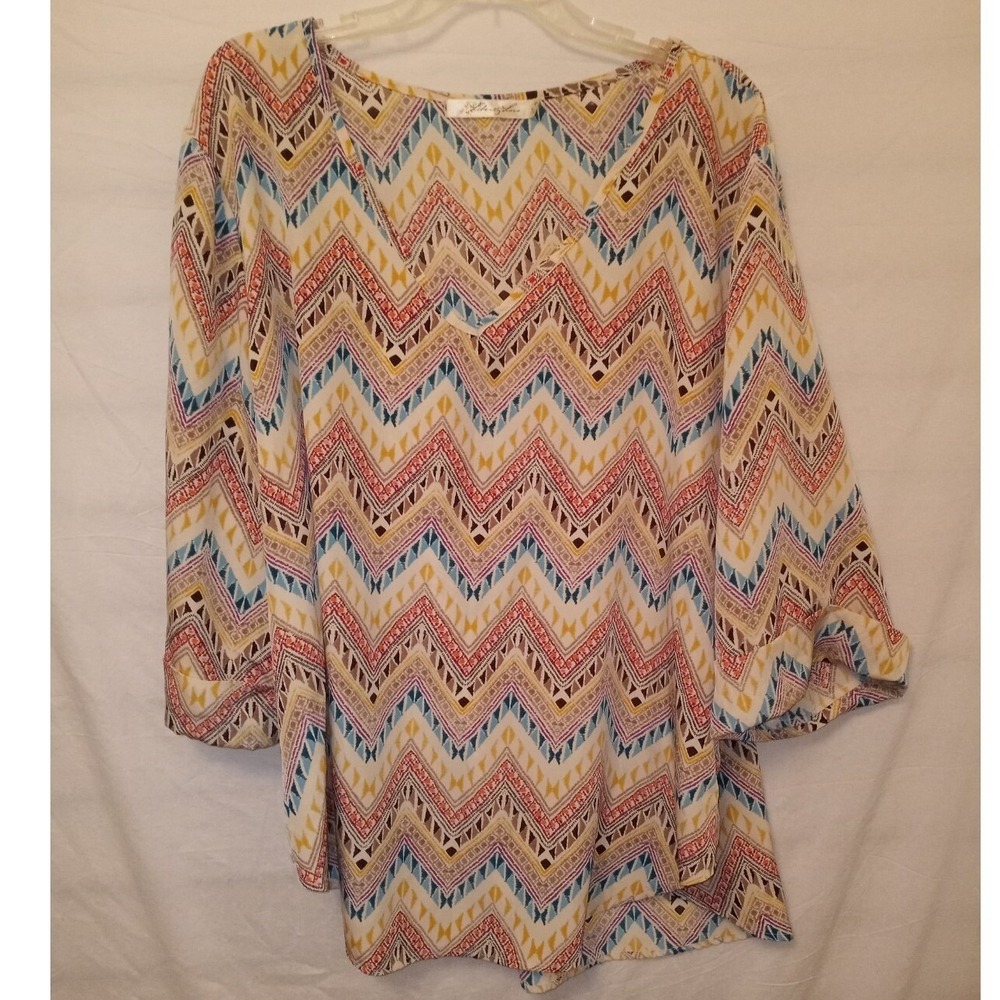 Liberty Love Womens 3XL Multi Color Chevron Ikat V-Neck 3/4 Sleeve Blouse